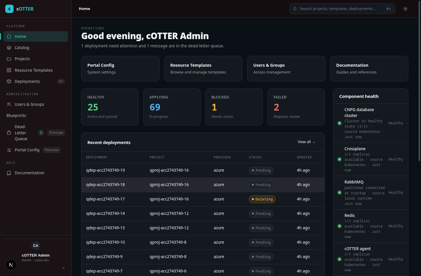 cOTTER admin dashboard showing projects, health, deployments, and attention items